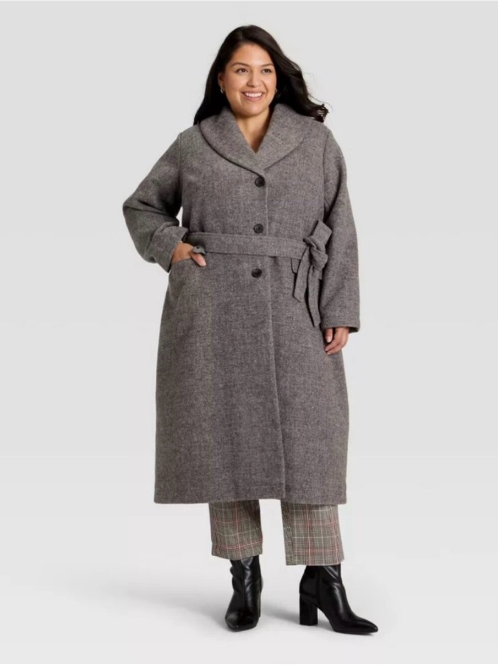 Ava & Viv Women’s 1X Gray Belted Long Coat Plus Size Shawl Collar NWOT